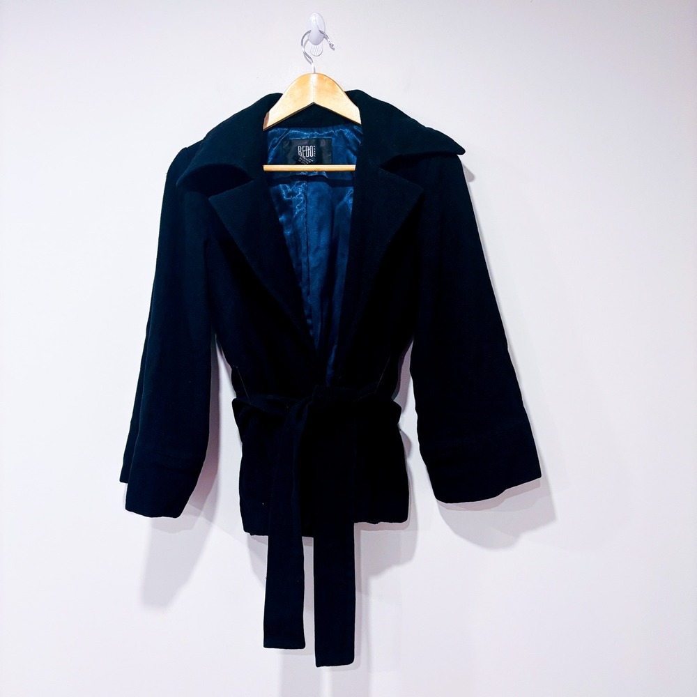 BEDO Black Wool Wrap‎ Coat | Belted Short Coat | Minimalist Chic | Small